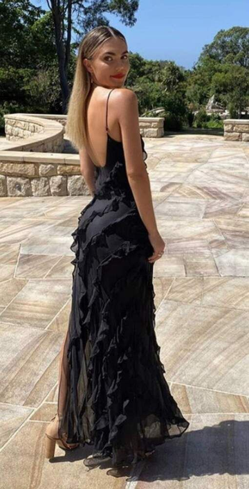 Backless Sheath Black Long Prom Dresses HZ1023
